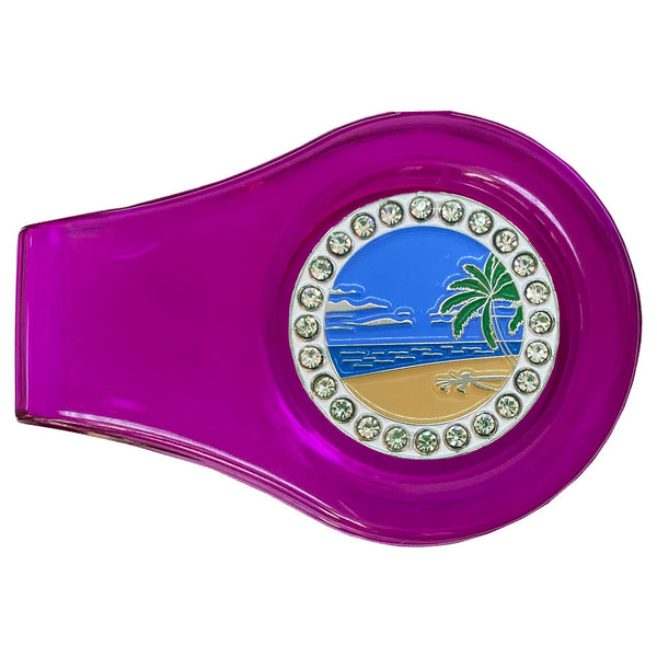 Bling Beach Scene Golf Ball Marker With Purple Colored Clip