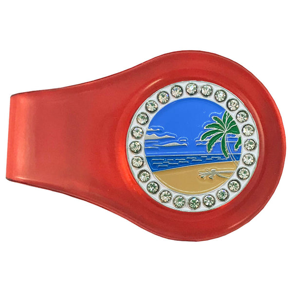 Beach Scene Golf Ball Marker With Red Colored Clip