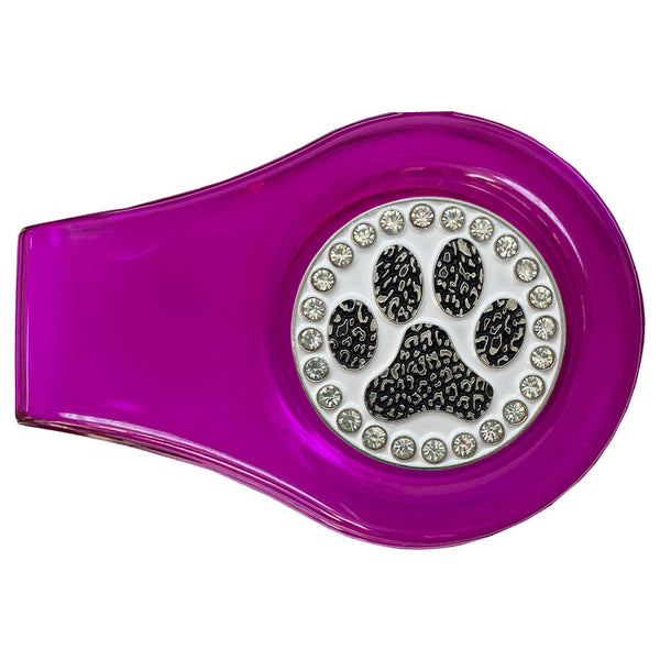 bling black paw print golf ball marker on a magnetic purple clip