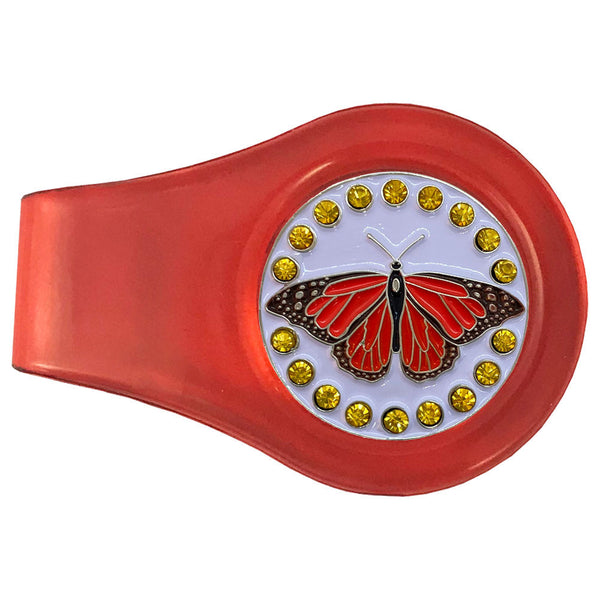 bling orange butterfly golf ball marker on a magentic red clip