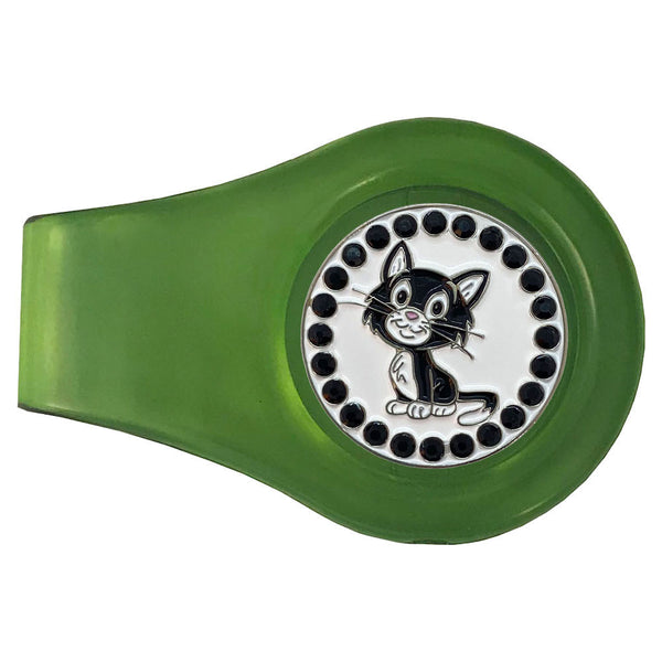 bling black and white cat golf ball marker with a magnetic green clip