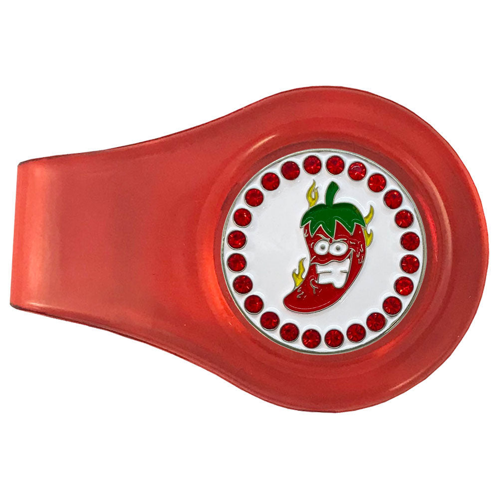 Chili pepper golf ball marker on a red clip. Red, white, yellow, green and bling accents. Spicy design for women golfers.