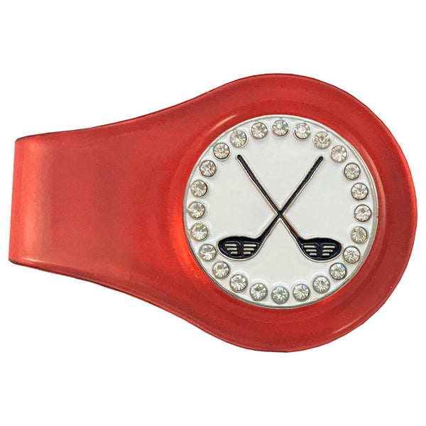 bling crossed clubs golf ball marker with a magnetic red clip