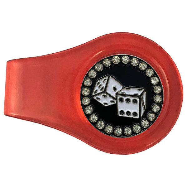 bling white dice golf ball marker with a magentic red clip