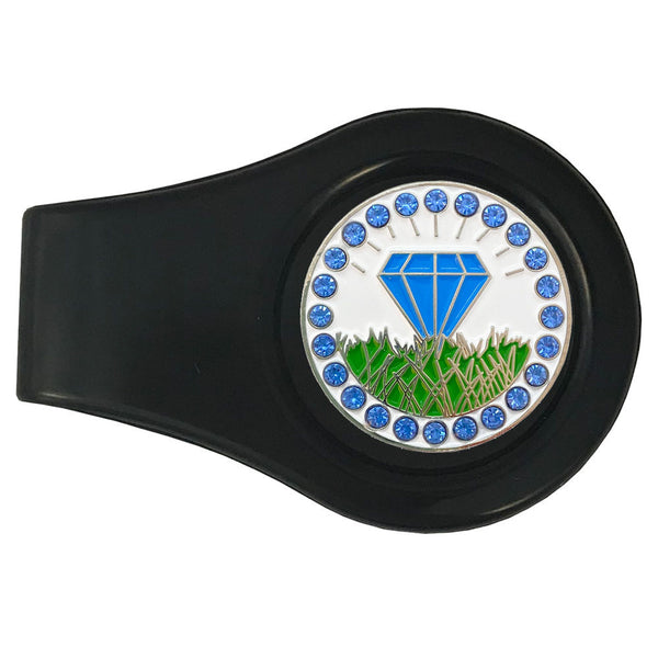 bling blue diamond in the rough golf ball marker on a magnetic black clip
