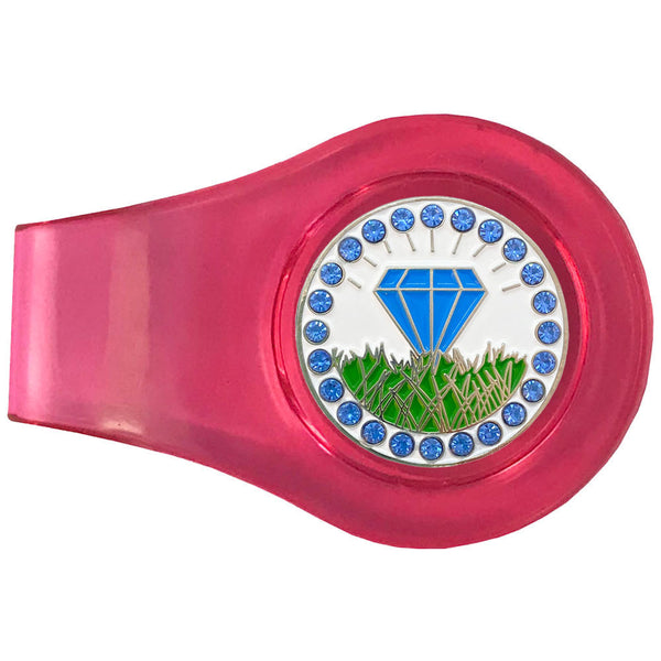 bling blue diamond in the rough golf ball marker on a magnetic pink clip