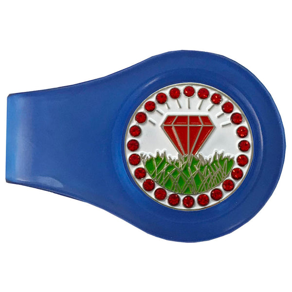 bling red diamond in the rough golf ball marker with a magnetic blue clip