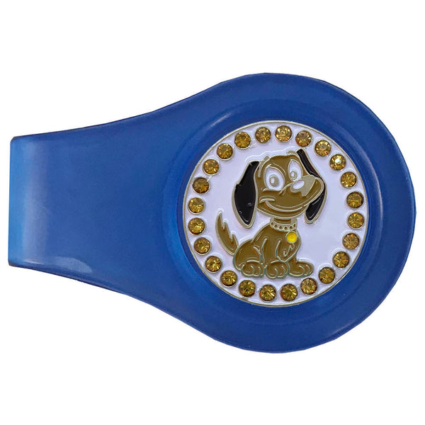 bling brown dog golf ball marker with a magnetic blue clip