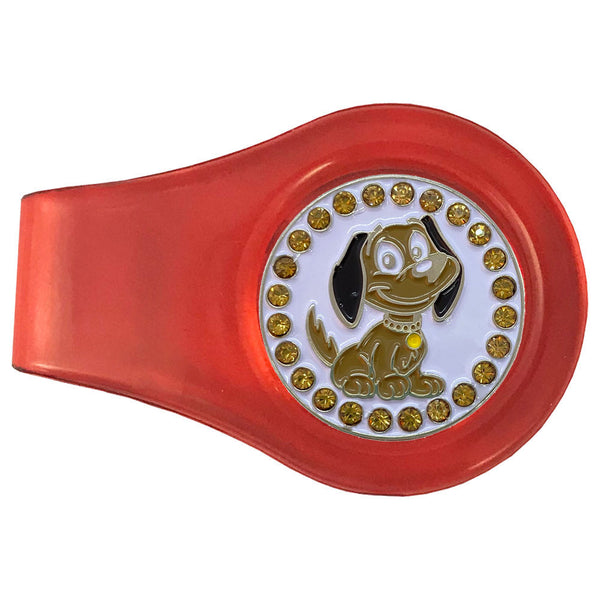 bling brown dog golf ball marker with a magnetic red clip