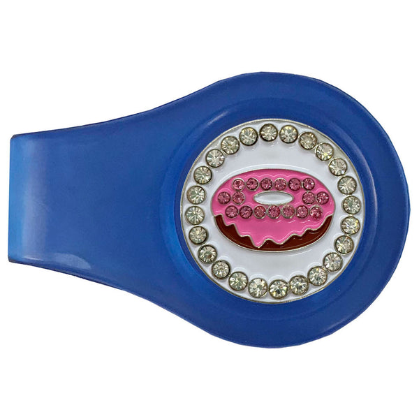 bling pink donut golf ball marker on a magnetic blue clip