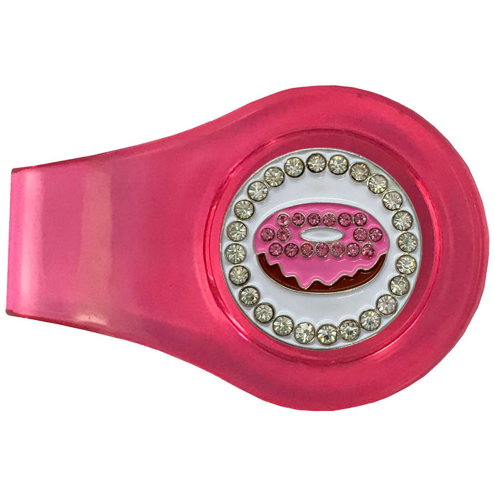 Pink frosted donut marker with crystal accents on a pink clip. This cute and sparkly design is a favorite for women golfers.