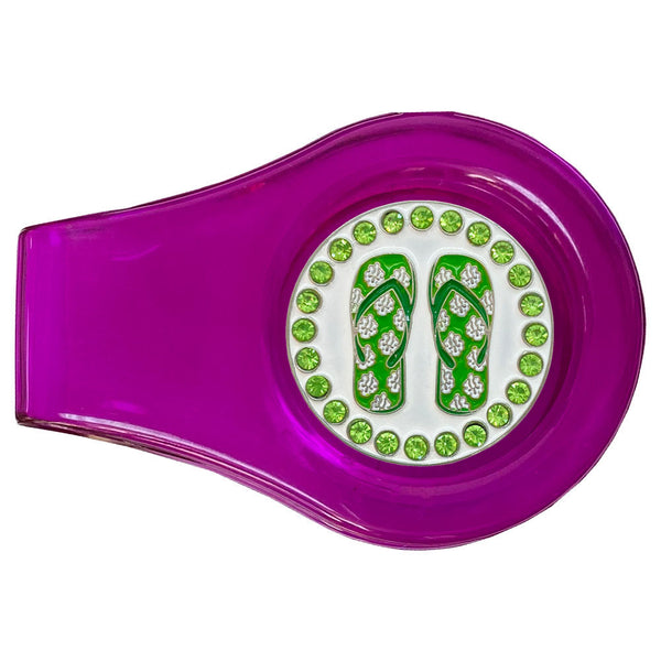 bling green flip flops golf ball marker with a magentic purple clip