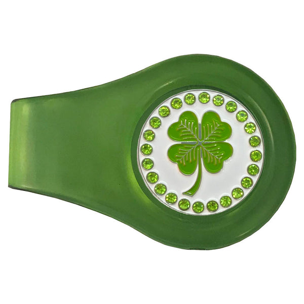 bling four leaf clover golf ball marker on a magnetic green clip