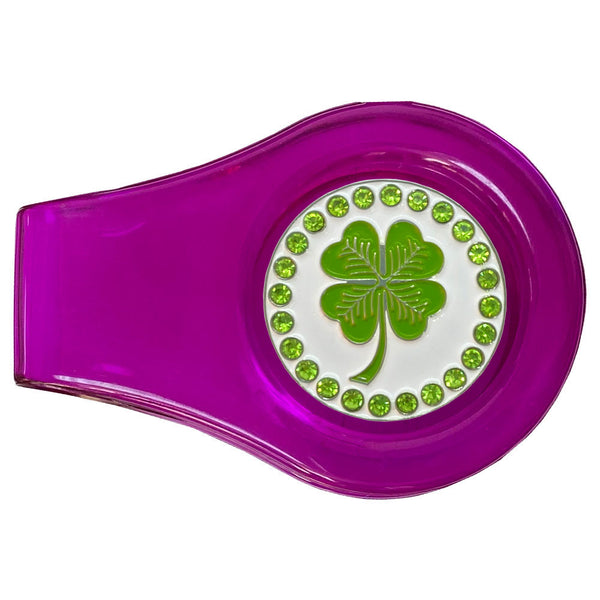 bling four leaf clover golf ball marker on a magnetic purple clip