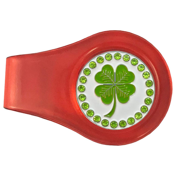 bling four leaf clover golf ball marker on a magnetic red clip
