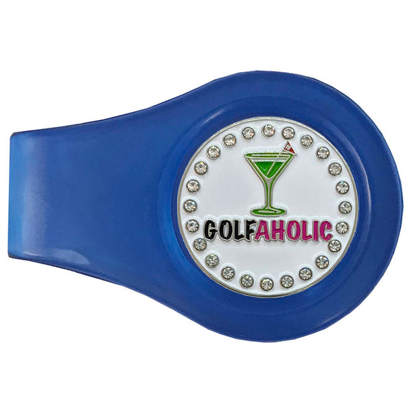 bling golfaholic golf ball marker with a magnetic blue clip
