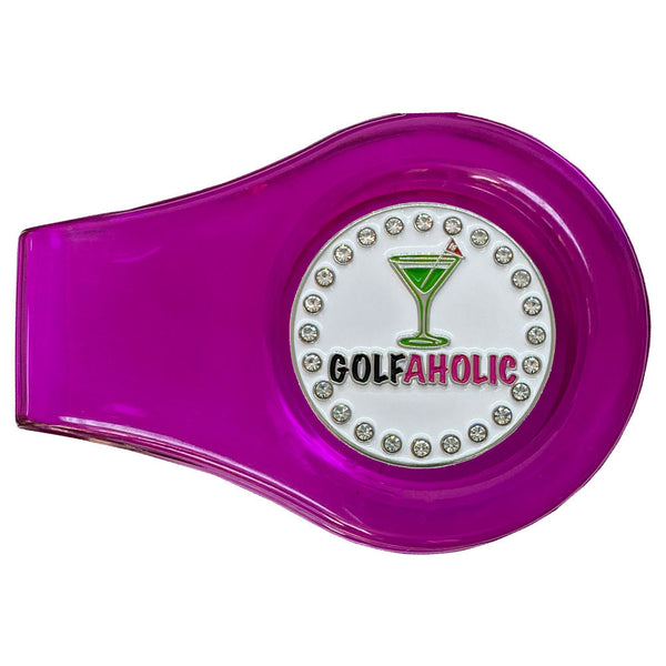 bling golfaholic golf ball marker with a magnetic purple clip