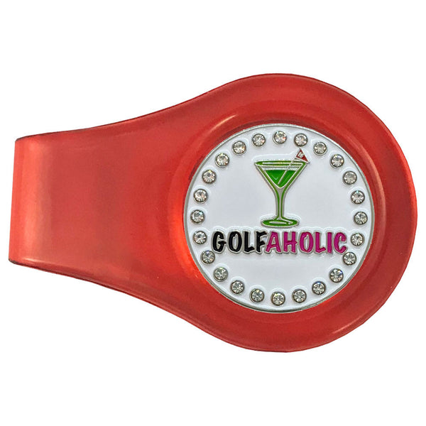 bling golfaholic golf ball marker with a magnetic red clip