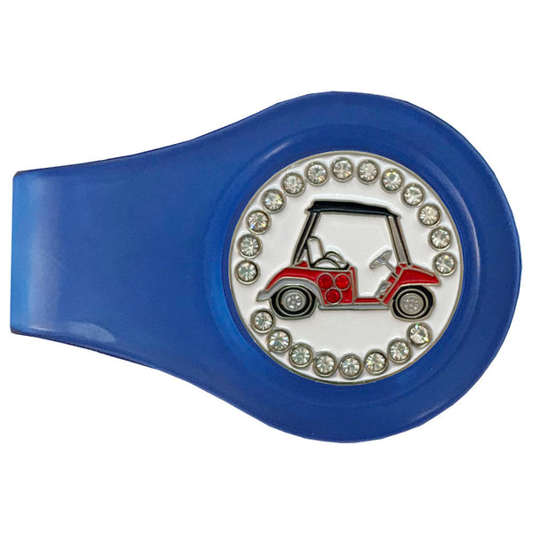 bling red golf cart golf ball marker with a magnetic blue clip