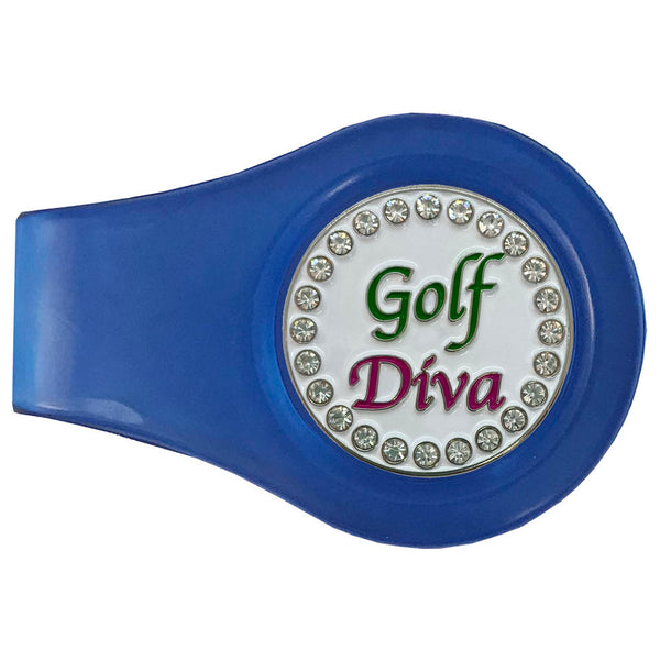 bling golf diva ball marker with a magnetic blue clip