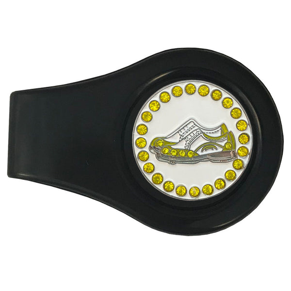 bling yellow and white golf shoes golf ball marker on a magnetic black clip