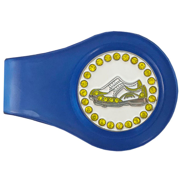 bling yellow and white golf shoes golf ball marker on a magnetic blue clip