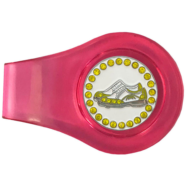 bling yellow and white golf shoes golf ball marker on a magnetic pink clip