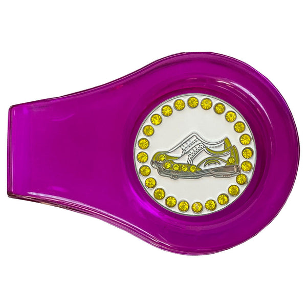 bling yellow and white golf shoes golf ball marker on a magnetic purple clip