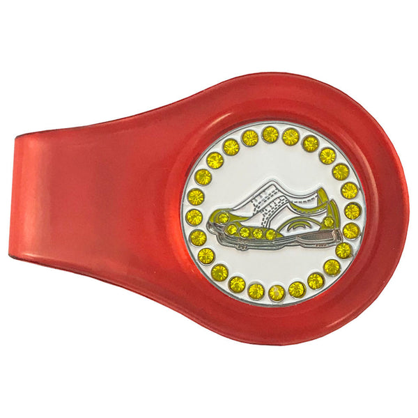 bling yellow and white golf shoes golf ball marker on a magnetic red clip