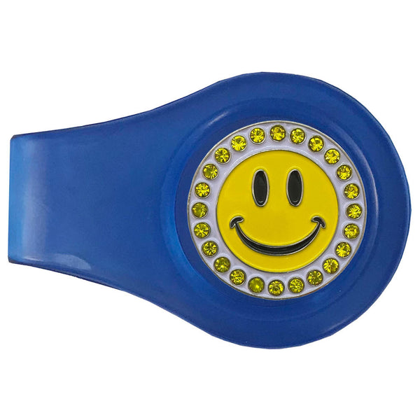 bling smiley face golf ball marker with a magnetic blue clip