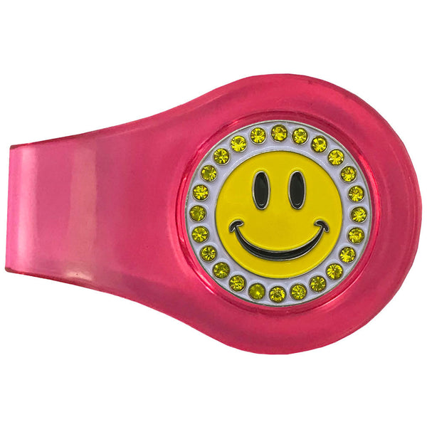 bling happy face golf ball marker with a magnetic pink clip