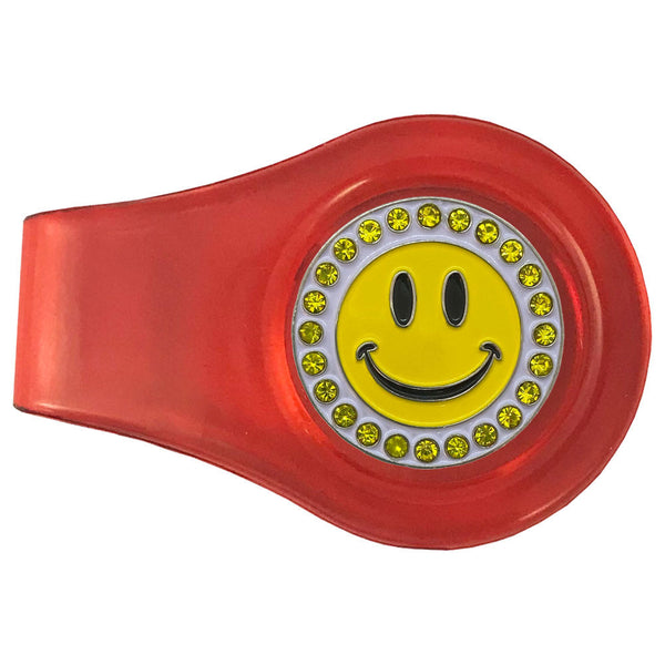 bling happy face golf ball marker with a magnetic red clip