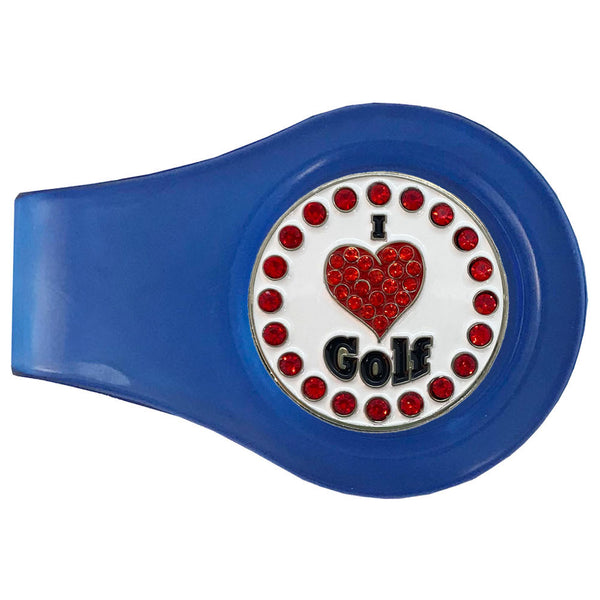 bling i love golf ball marker with a magnetic blue clip