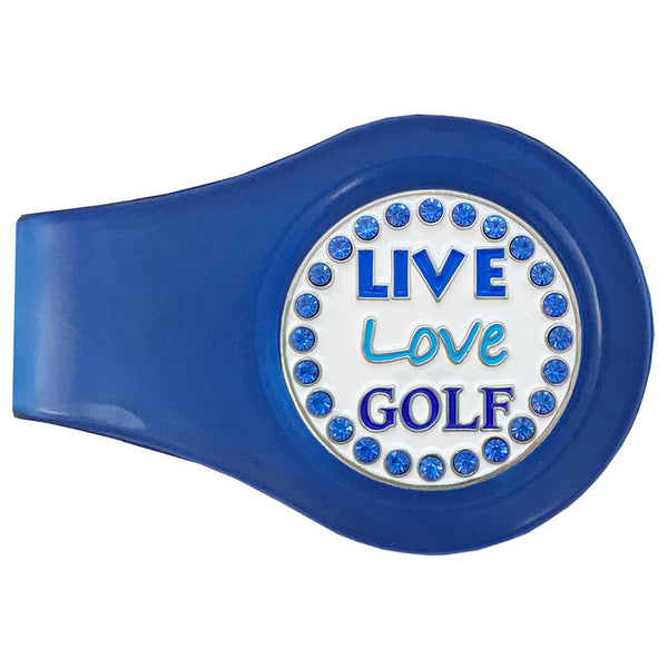 bling live love golf ball marker on a magnetic blue clip