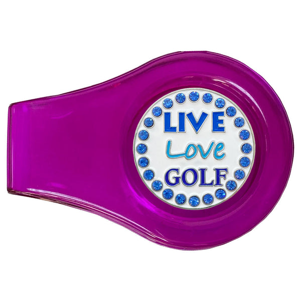 bling live love golf ball marker on a magnetic purple clip