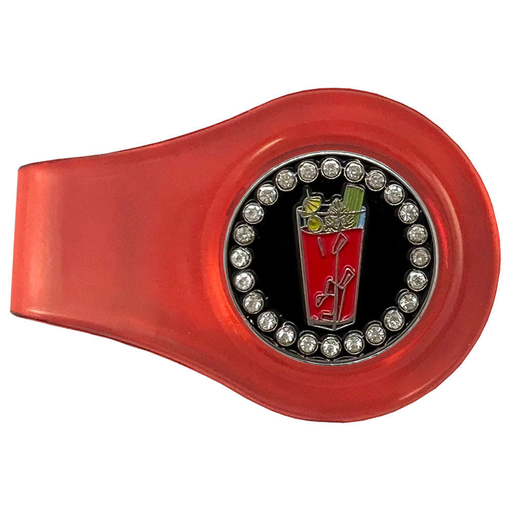 Bloody Mary marker on a red clip. Red drink on a black marker. Bling accents complete this sparkly design for women golfers.