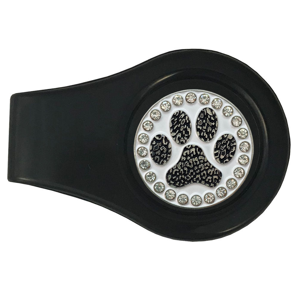 bling black paw print golf ball marker on a magnetic black clip