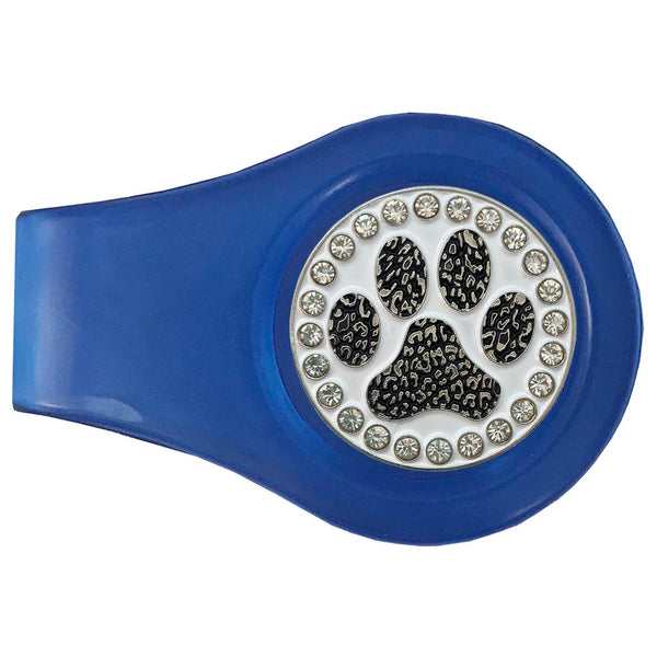 bling black paw print golf ball marker on a magnetic blue clip