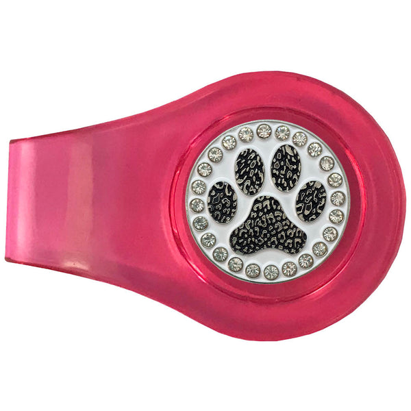 bling black paw print golf ball marker on a magnetic pink clip