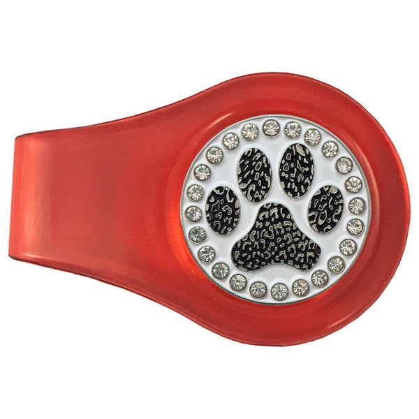bling black paw print golf ball marker on a magnetic red clip