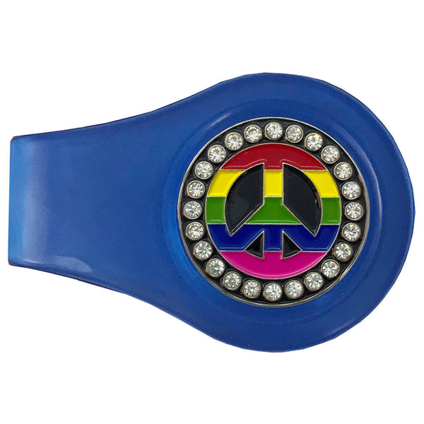 bling rainbow peace sign golf ball marker with a magnetic blue clip