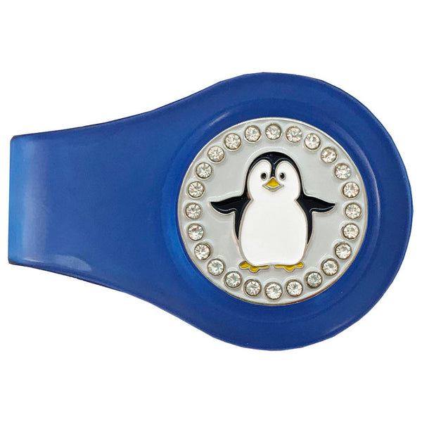 bling black and white penguin golf ball marker with a magentic blue clip