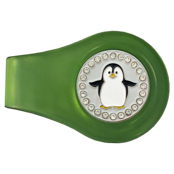 bling black and white penguin golf ball marker with a magentic green clip