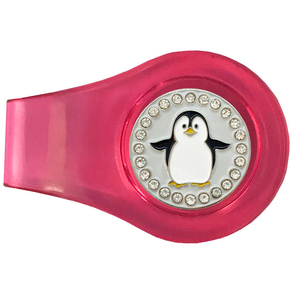 bling black and white penguin golf ball marker with a magentic pink clip