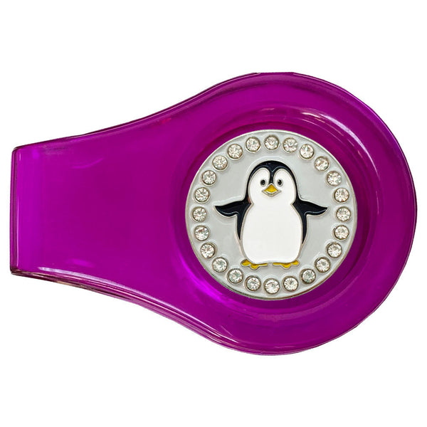 bling black and white penguin golf ball marker with a magentic purple clip