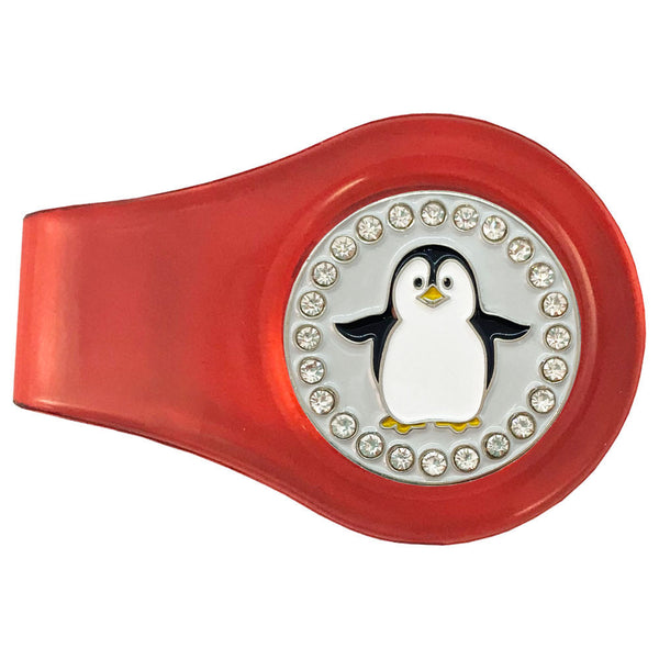 bling black and white penguin golf ball marker with a magentic red clip