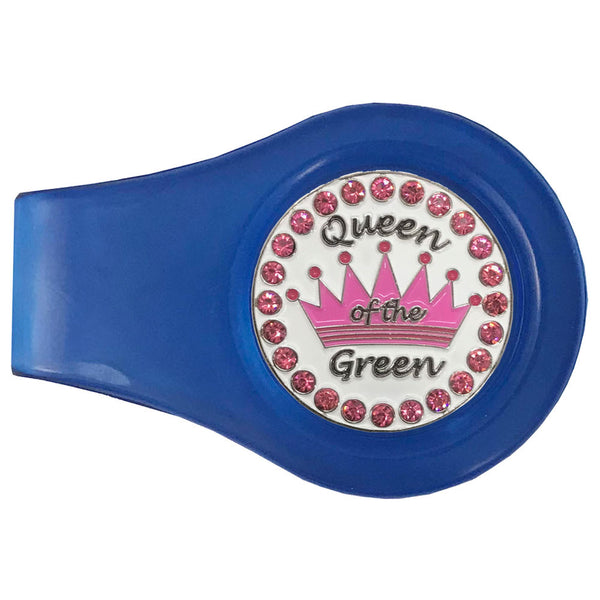 bling pink queen of the green golf ball marker with a magnetic blue clip
