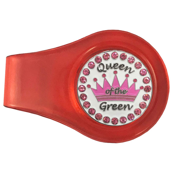 bling pink queen of the green golf ball marker with a magnetic red clip
