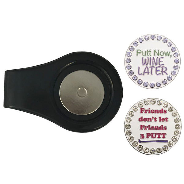 a putt now wine later and a friends don't let friends 3 putt golf ball marker with a black magnetic clip