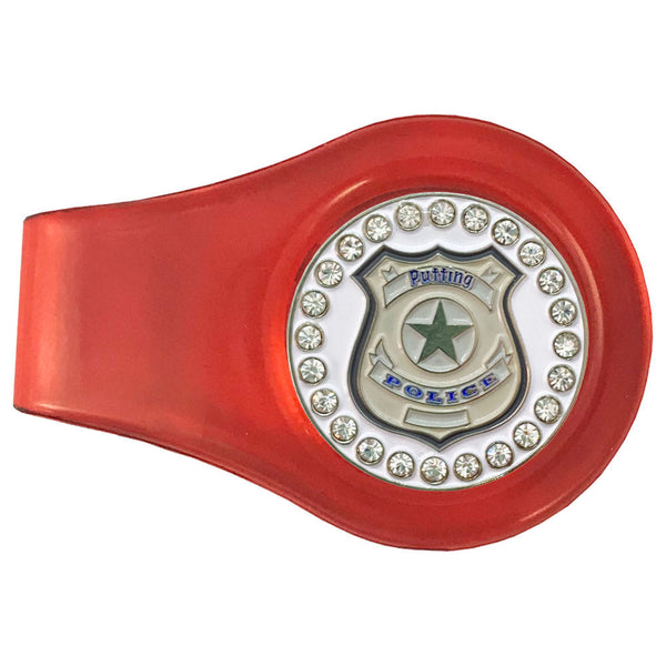 bling putting police golf ball marker with a magentic red clip